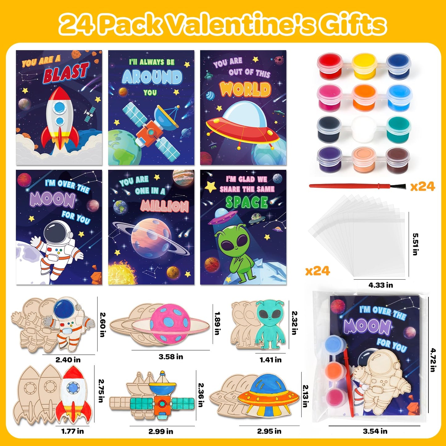 Letapapa Valentine's Day Cards for Kids — 24-Pack with DIY Space Wood Crafts Painting Kit