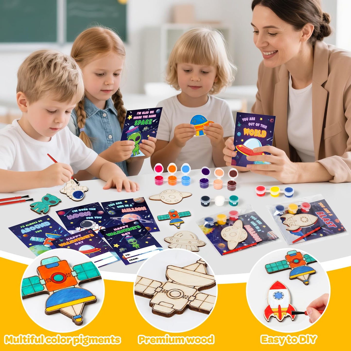 Letapapa Valentine's Day Cards for Kids — 24-Pack with DIY Space Wood Crafts Painting Kit