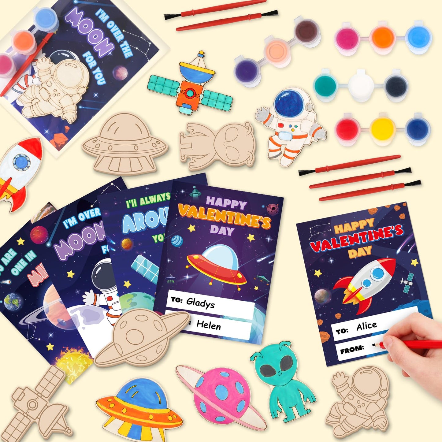 Letapapa Valentine's Day Cards for Kids — 24-Pack with DIY Space Wood Crafts Painting Kit