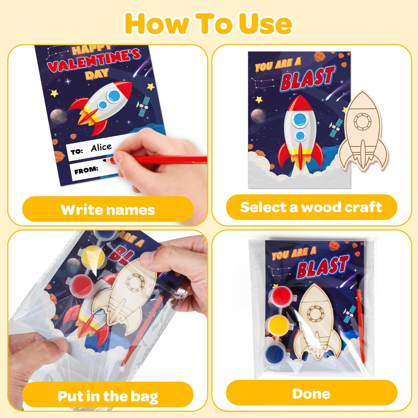 Letapapa Valentine's Day Cards for Kids — 24-Pack with DIY Space Wood Crafts Painting Kit