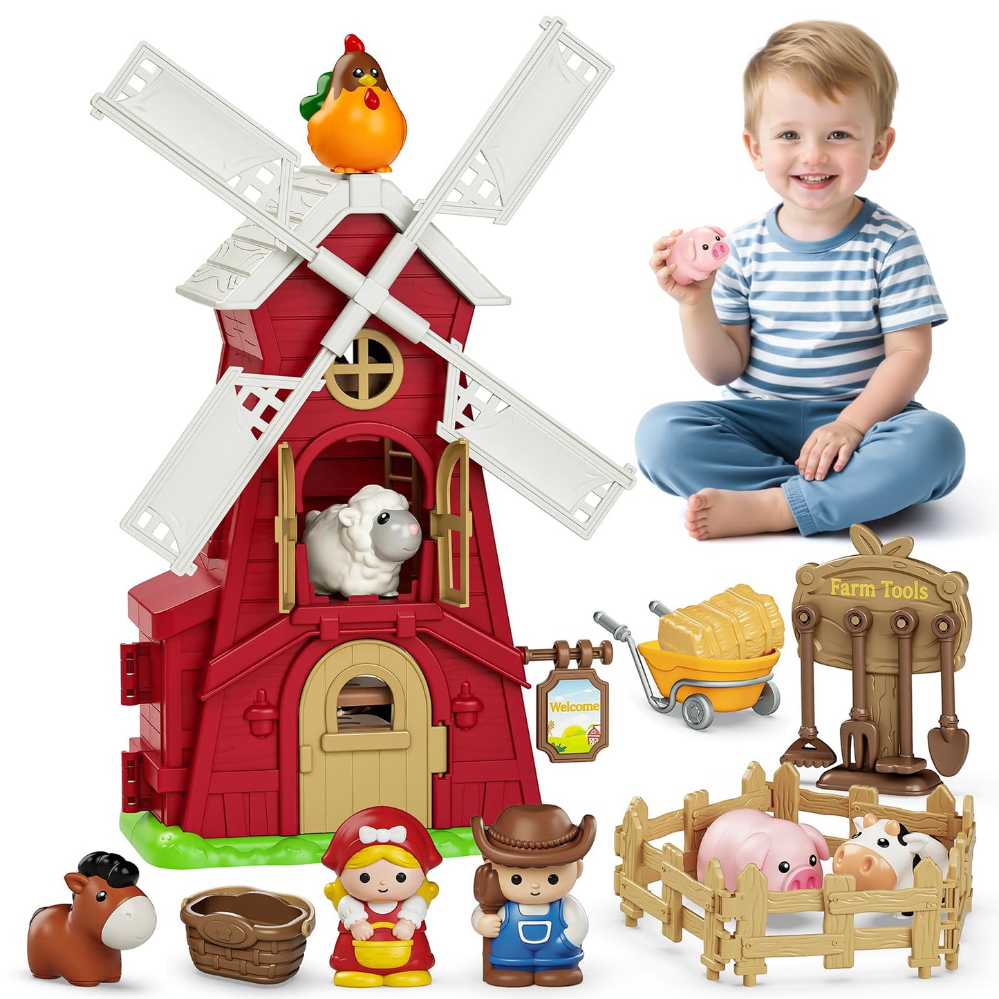 Letapapa Farm Windmill Barn Toddler Toys for 1-3 Years | Montessori Farm Playset with Animals & Accessories