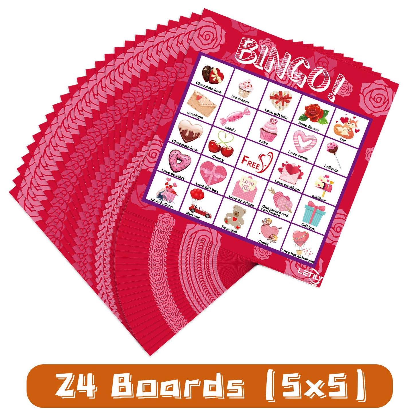 LETILY Valentine Bingo Cards — 24-Player Party Game for Kids & Adults