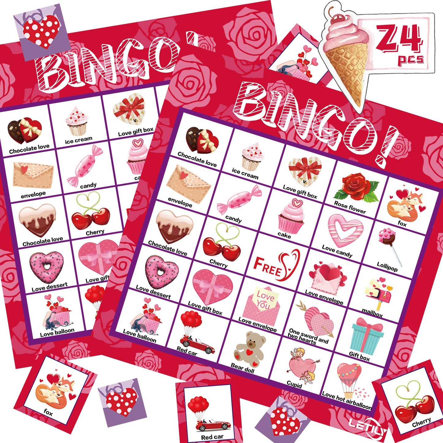 LETILY Valentine Bingo Cards — 24-Player Party Game for Kids & Adults