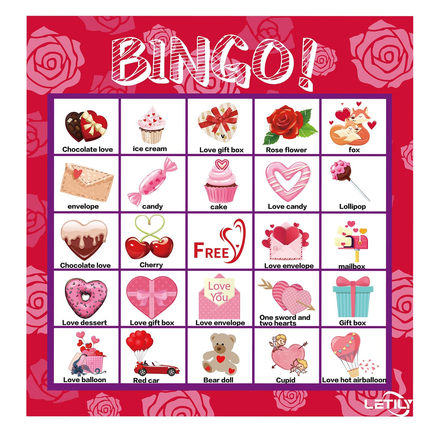 LETILY Valentine Bingo Cards — 24-Player Party Game for Kids & Adults