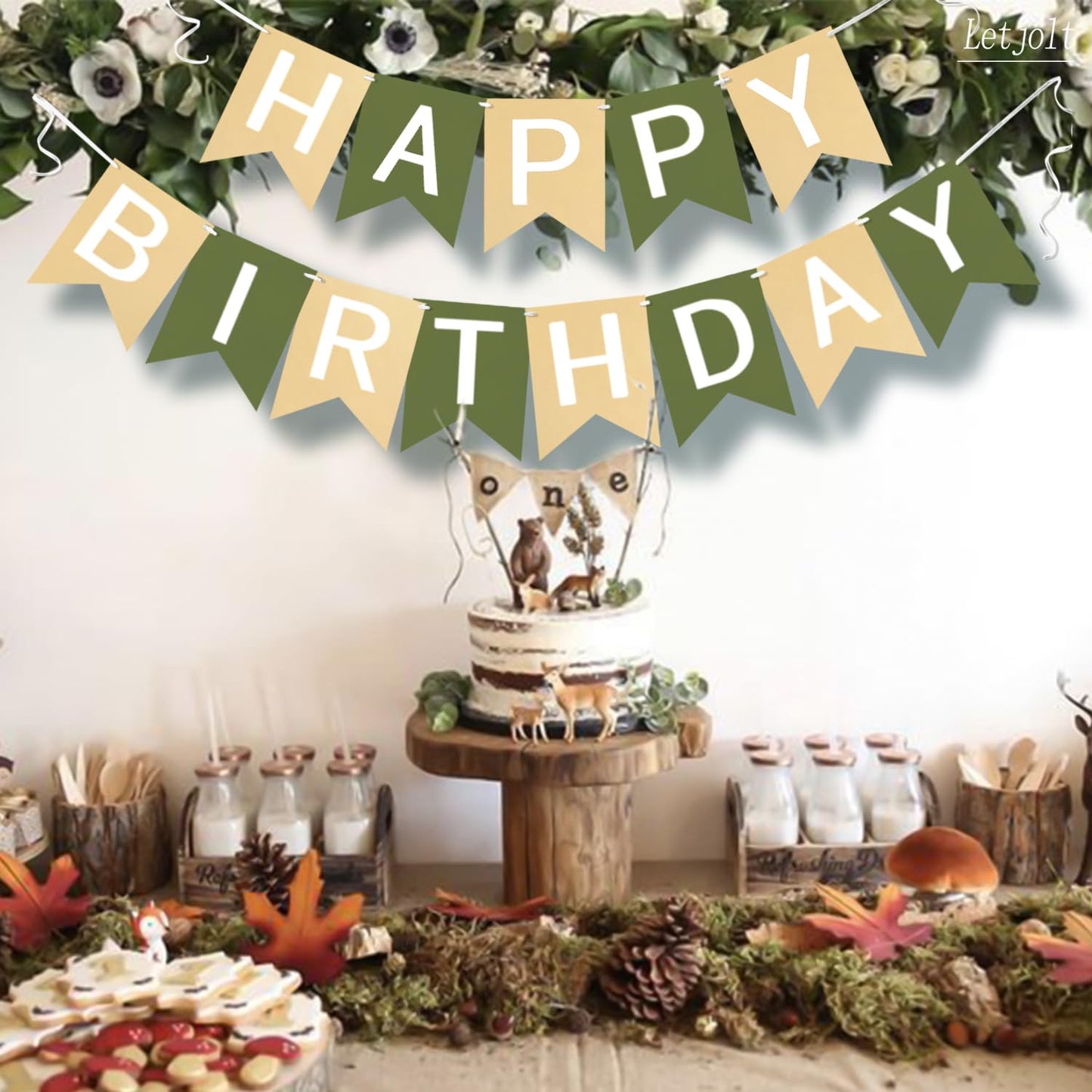 Letjolt Brown Green Happy Birthday Banner | 13pc Greenery Theme Party Decor