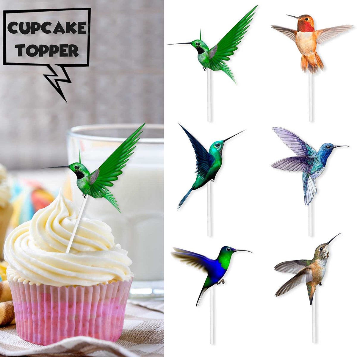 LETLIMIT 18pcs Glitter Cupcake Toppers – Hummingbird Green Nature Theme Decoration for Birthday Parties