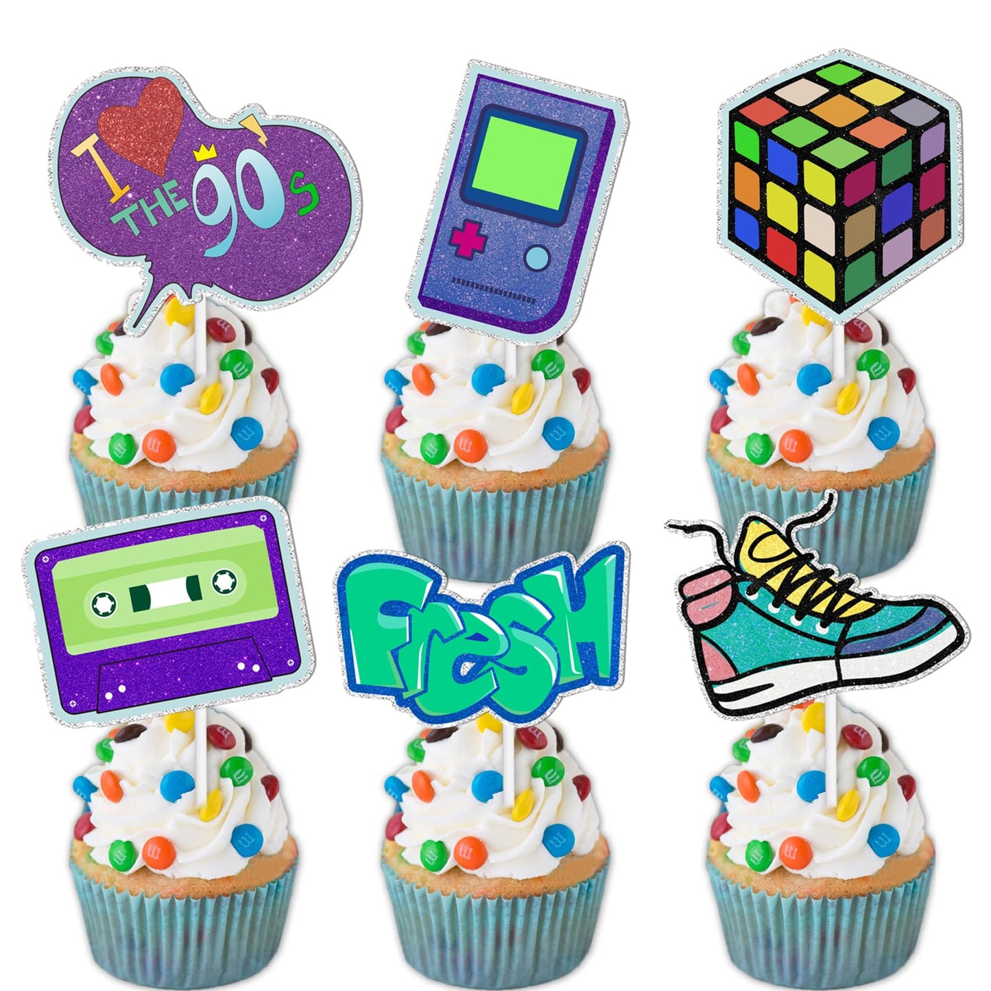 LETLIMIT 18pcs Glitter Cupcake Toppers – 90s Retro Theme Party Decor | Food-Grade Sticks