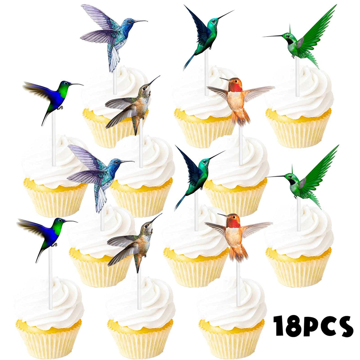 LETLIMIT 18pcs Glitter Cupcake Toppers – Hummingbird Green Nature Theme Decoration for Birthday Parties