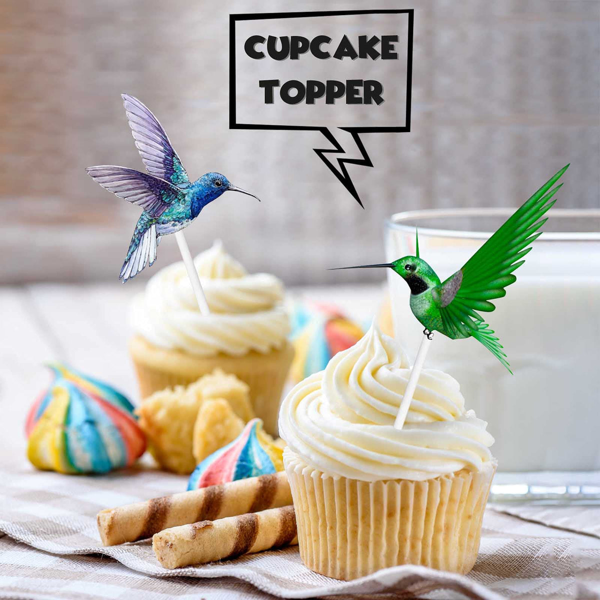 LETLIMIT 18pcs Glitter Cupcake Toppers – Hummingbird Green Nature Theme Decoration for Birthday Parties