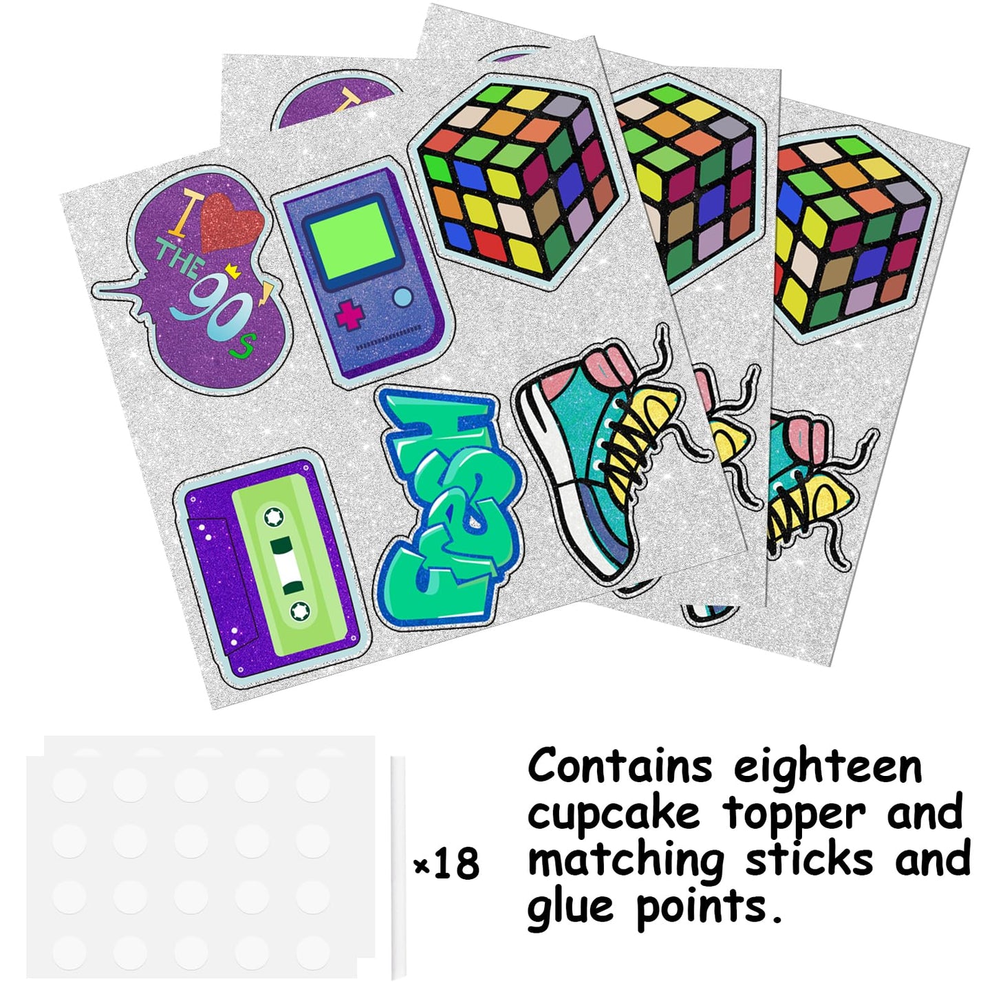 LETLIMIT 18pcs Glitter Cupcake Toppers – 90s Retro Theme Party Decor | Food-Grade Sticks