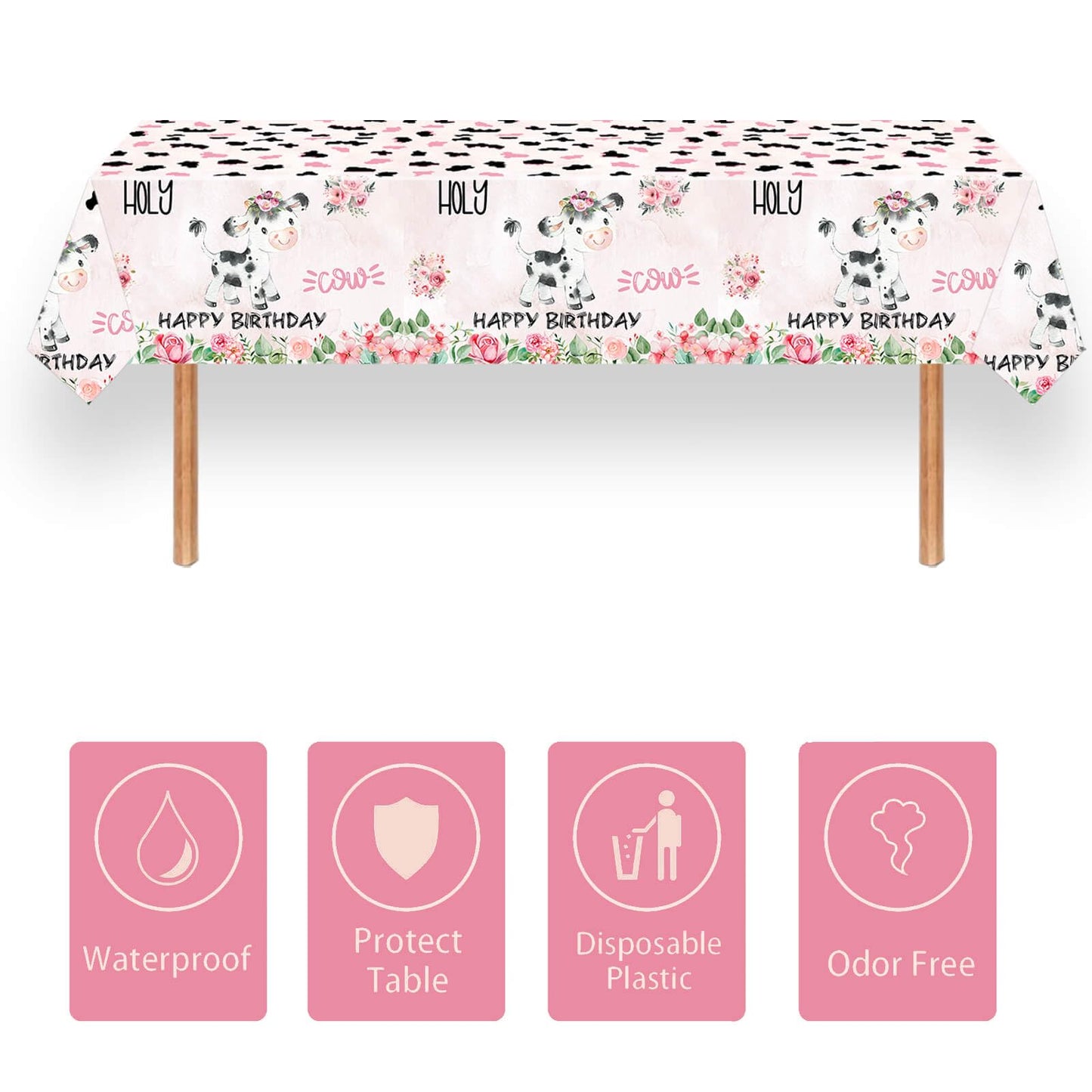 Letromp 2 Pcs Holy Cow Tablecloth 54 x 108 in – Pink Cow Print Disposable Party Covers for Farm Animal Birthday & Baby Shower