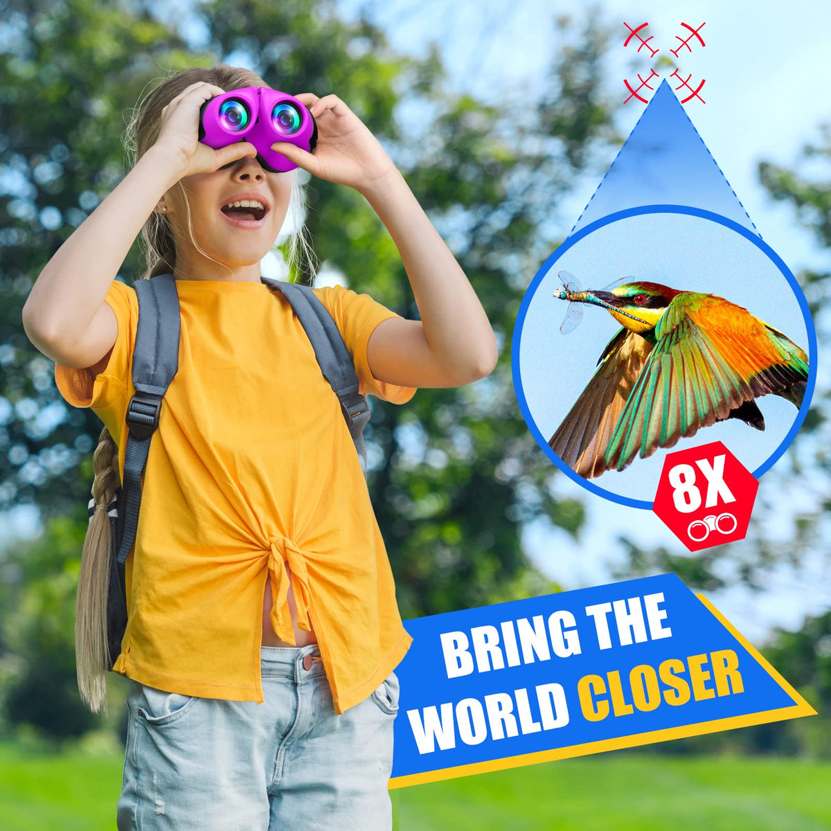 LET'S GO! Kids 8x21 Binoculars – Shockproof, Compact, High-Resolution for Ages 3-9 | Fun Outdoor Toys