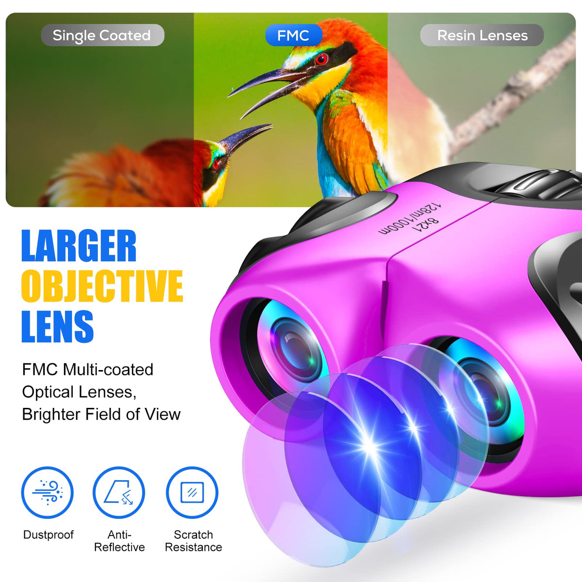 LET'S GO! Kids 8x21 Binoculars – Shockproof, Compact, High-Resolution for Ages 3-9 | Fun Outdoor Toys