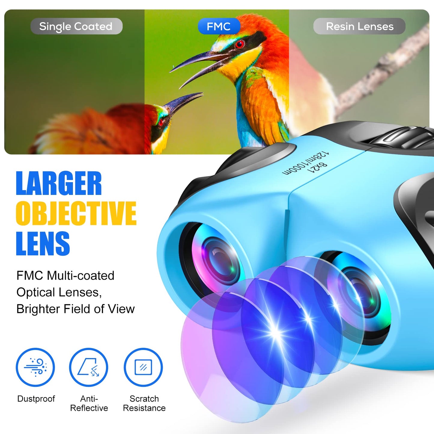 LET'S GO! Kids Binoculars – 8x Magnification, Safe & Durable Outdoor Toy (Blue)