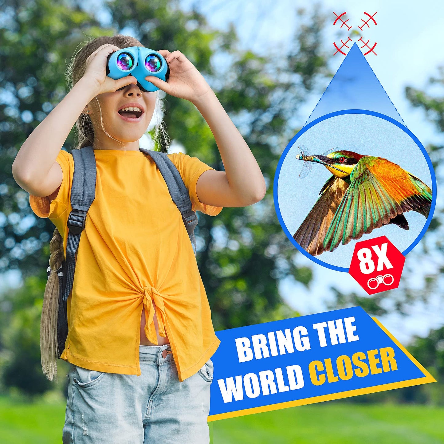 LET'S GO! Kids Binoculars – 8x Magnification, Safe & Durable Outdoor Toy (Blue)