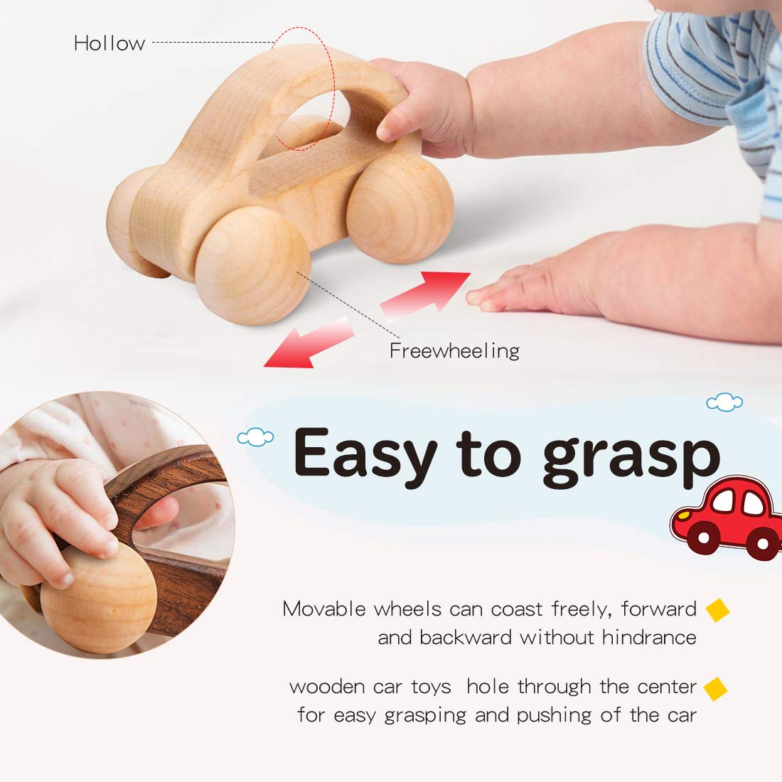 Let's Make Organic Baby Push Car Wooden Toys - 2pc Montessori Fine Motor