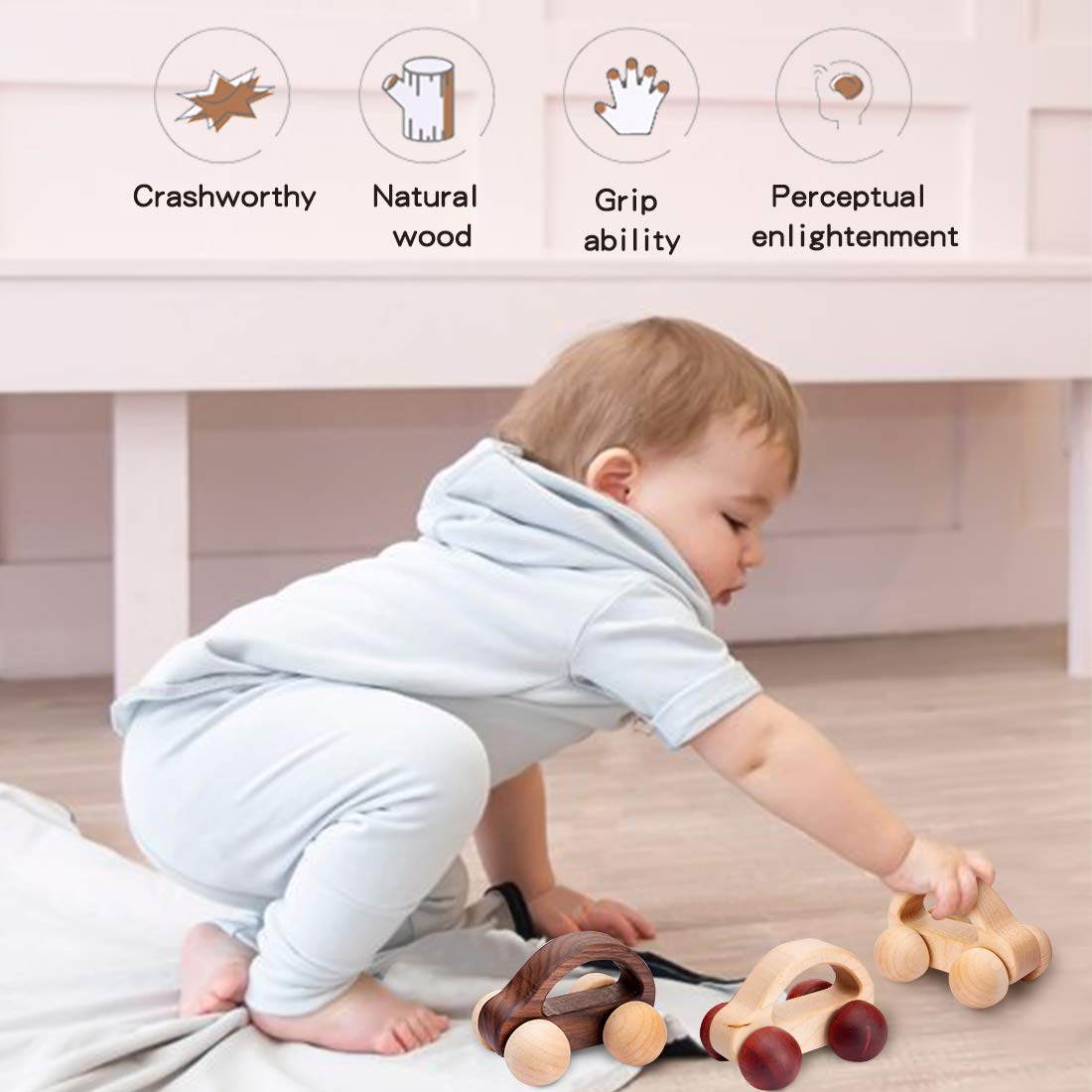 Let's Make Organic Baby Push Car Wooden Toys - 2pc Montessori Fine Motor
