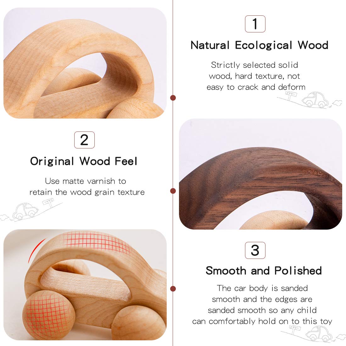 Let's Make Organic Baby Push Car Wooden Toys - 2pc Montessori Fine Motor