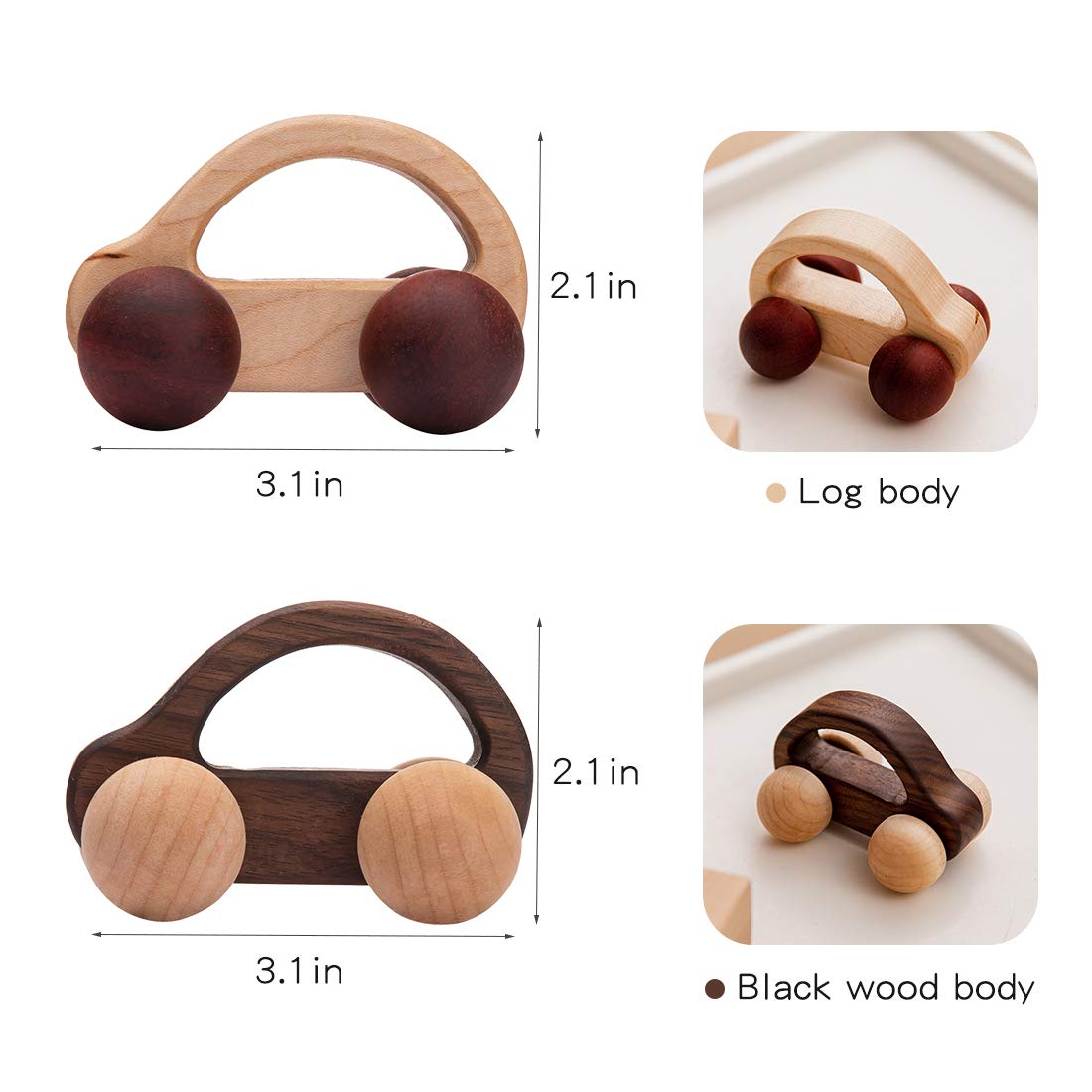 Let's Make Organic Baby Push Car Wooden Toys - 2pc Montessori Fine Motor