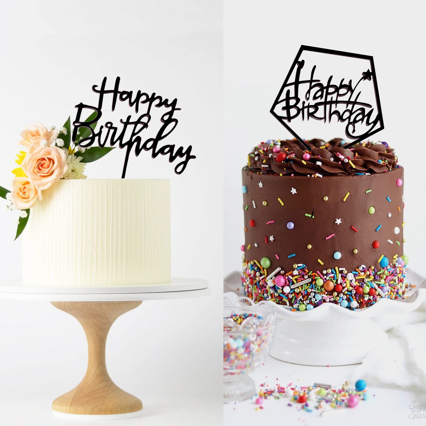 LetsCake 6-Pack Black Birthday Cake Toppers – Double-Sided Shiny Acrylic Happy Birthday Signs