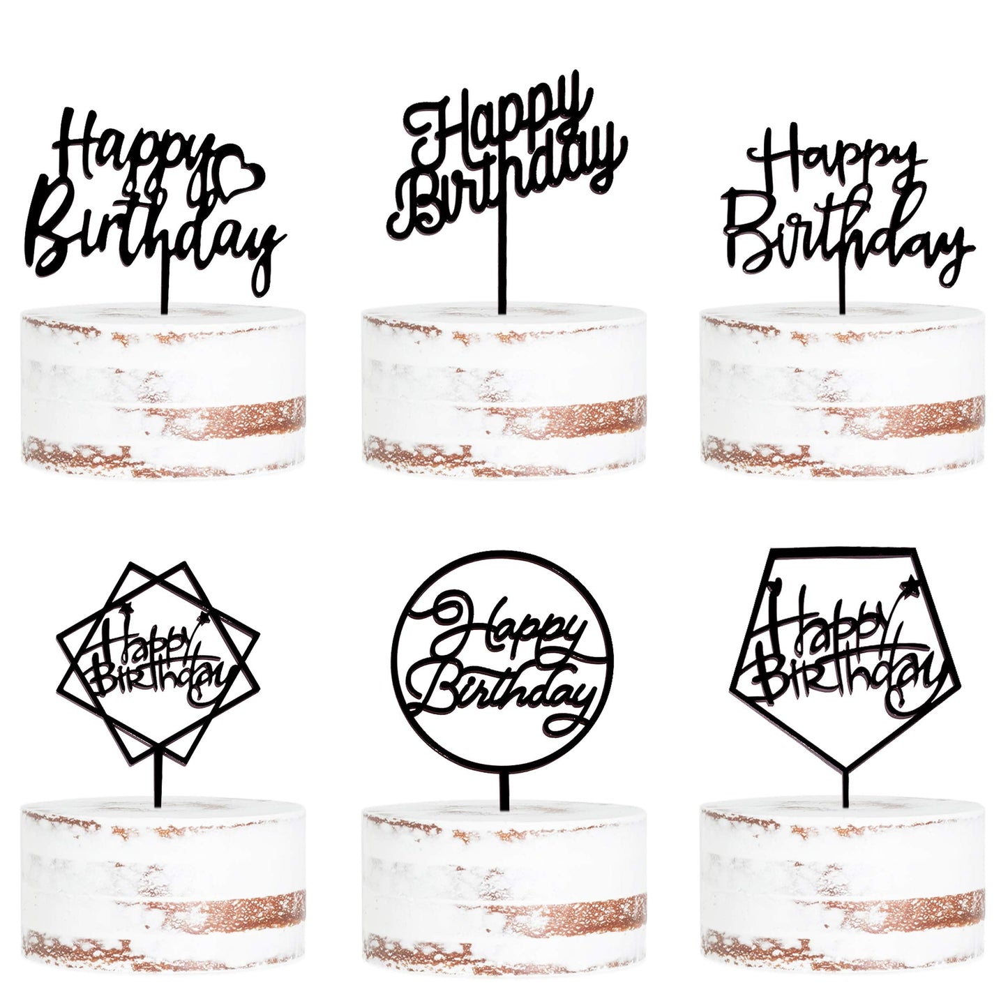 LetsCake 6-Pack Black Birthday Cake Toppers – Double-Sided Shiny Acrylic Happy Birthday Signs