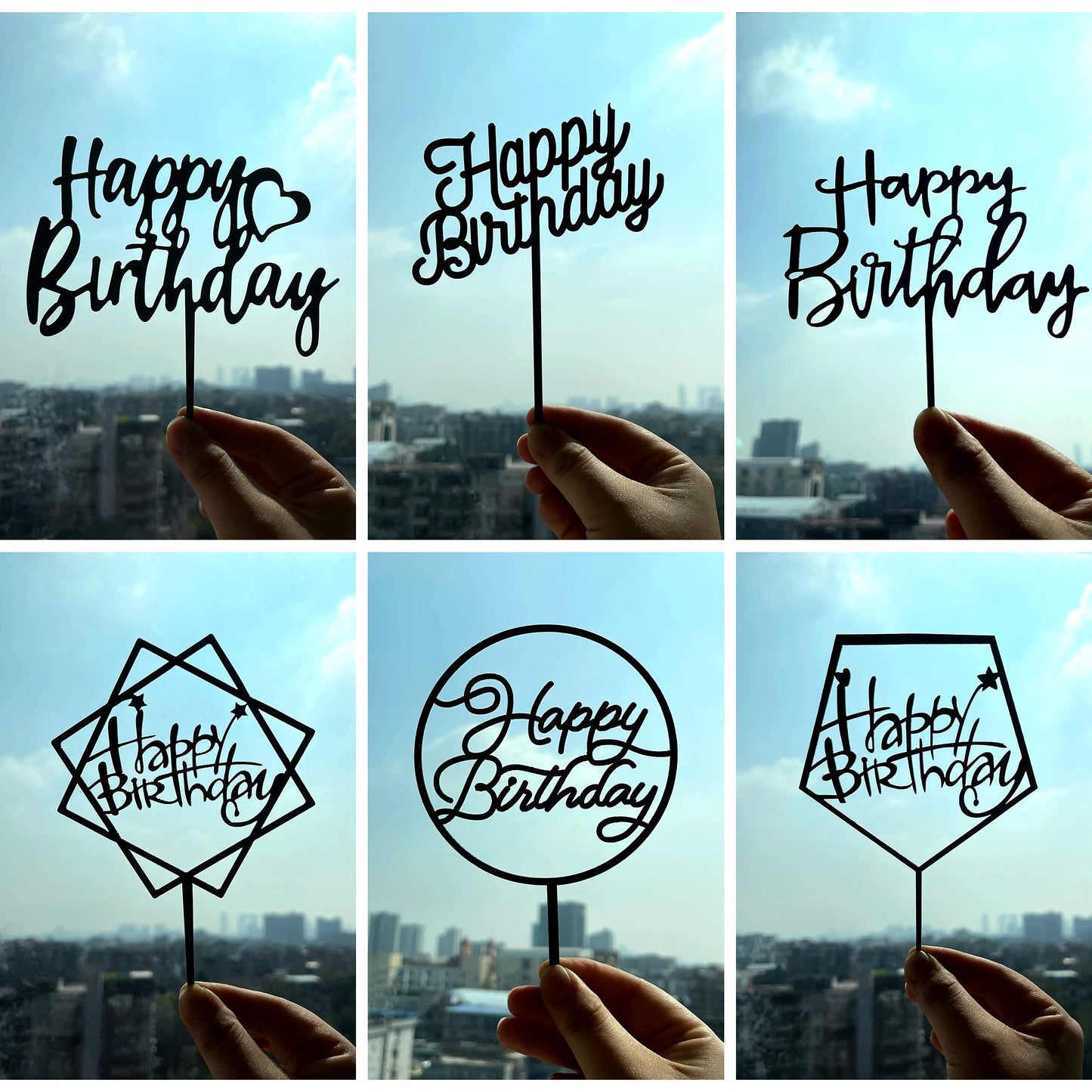 LetsCake 6-Pack Black Birthday Cake Toppers – Double-Sided Shiny Acrylic Happy Birthday Signs