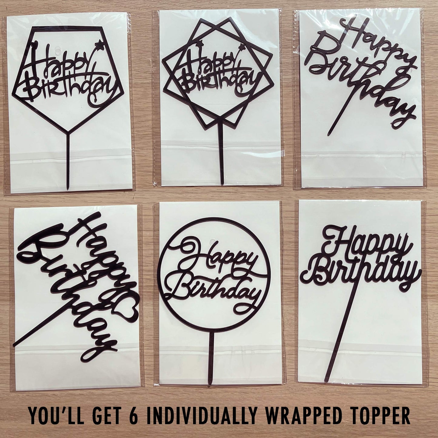 LetsCake 6-Pack Black Birthday Cake Toppers – Double-Sided Shiny Acrylic Happy Birthday Signs
