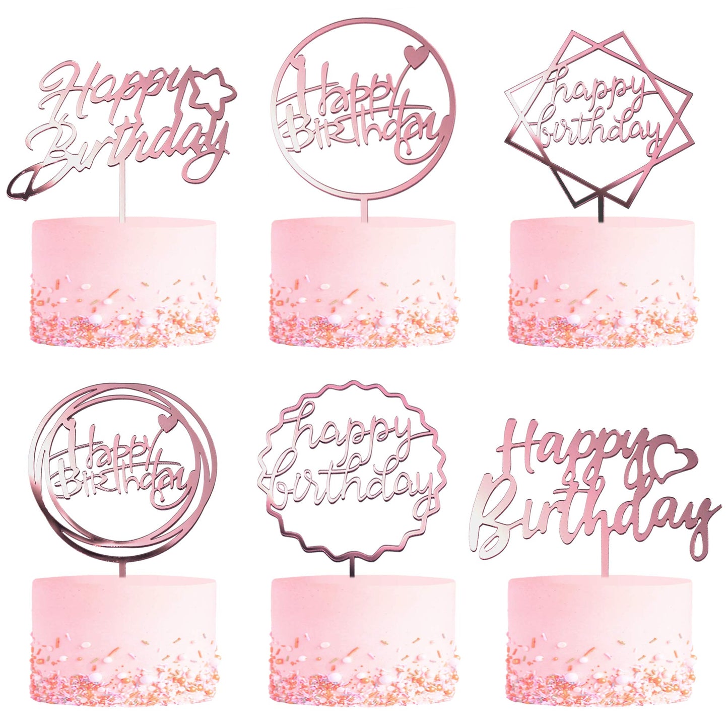LetsCake 6-Pack Rose Gold Birthday Topper Set | Double-Sided Acrylic Sign