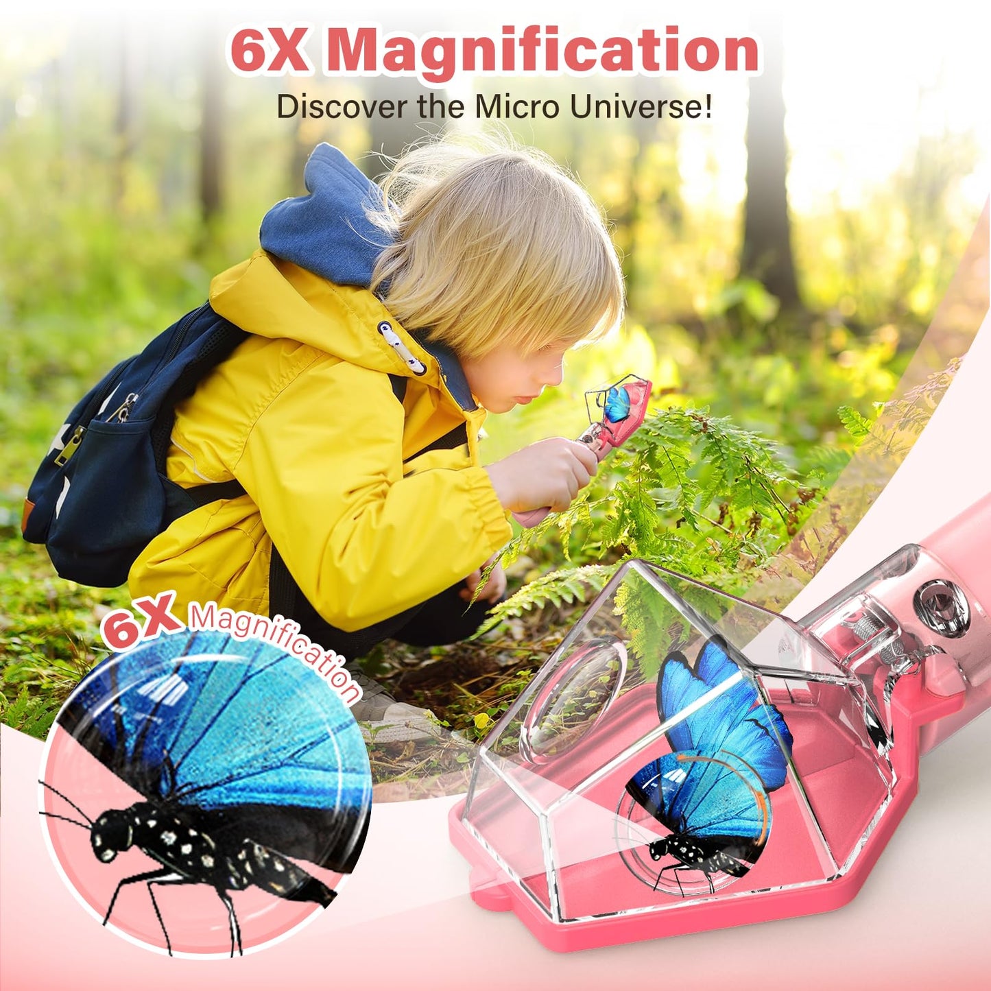 LEUOA Bug Catcher for Kids – 6x Magnifier Insect Trap (Pink) | STEM Toy