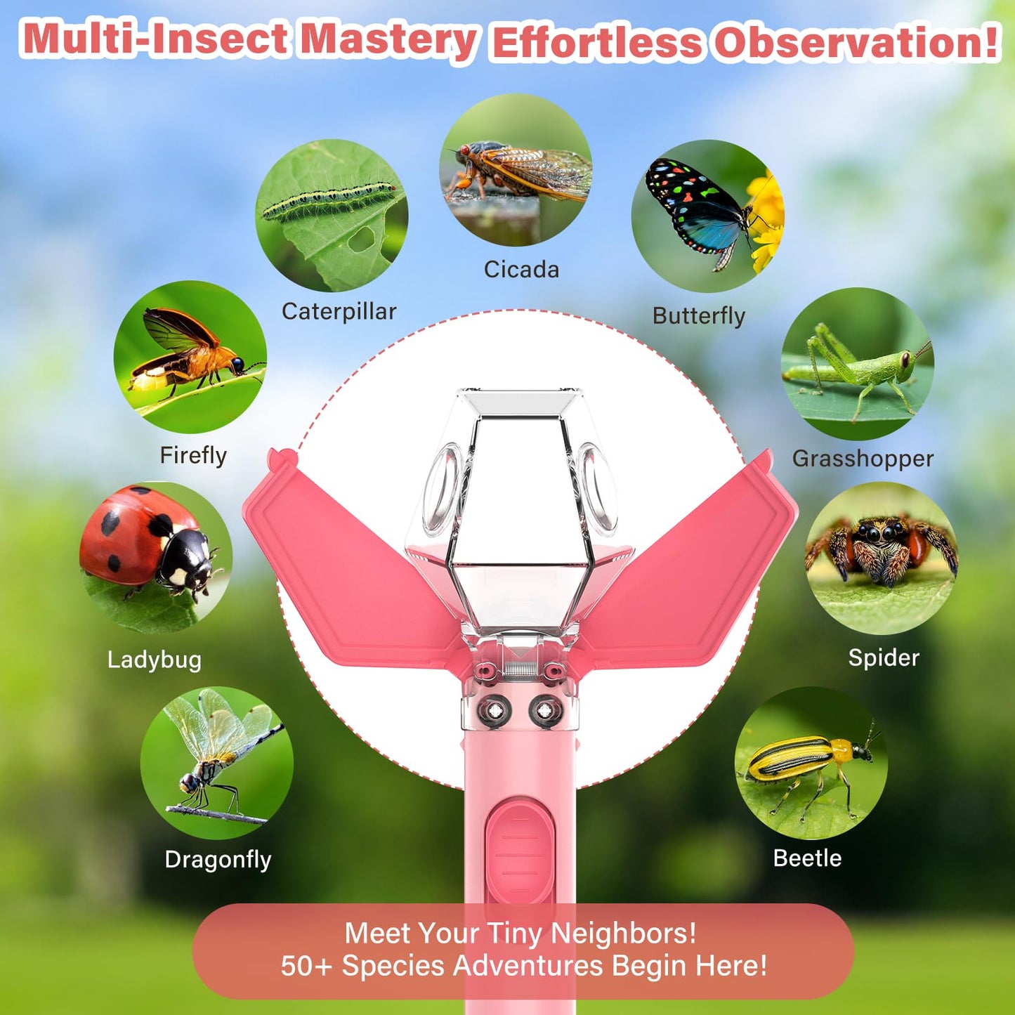 LEUOA Bug Catcher for Kids – 6x Magnifier Insect Trap (Pink) | STEM Toy