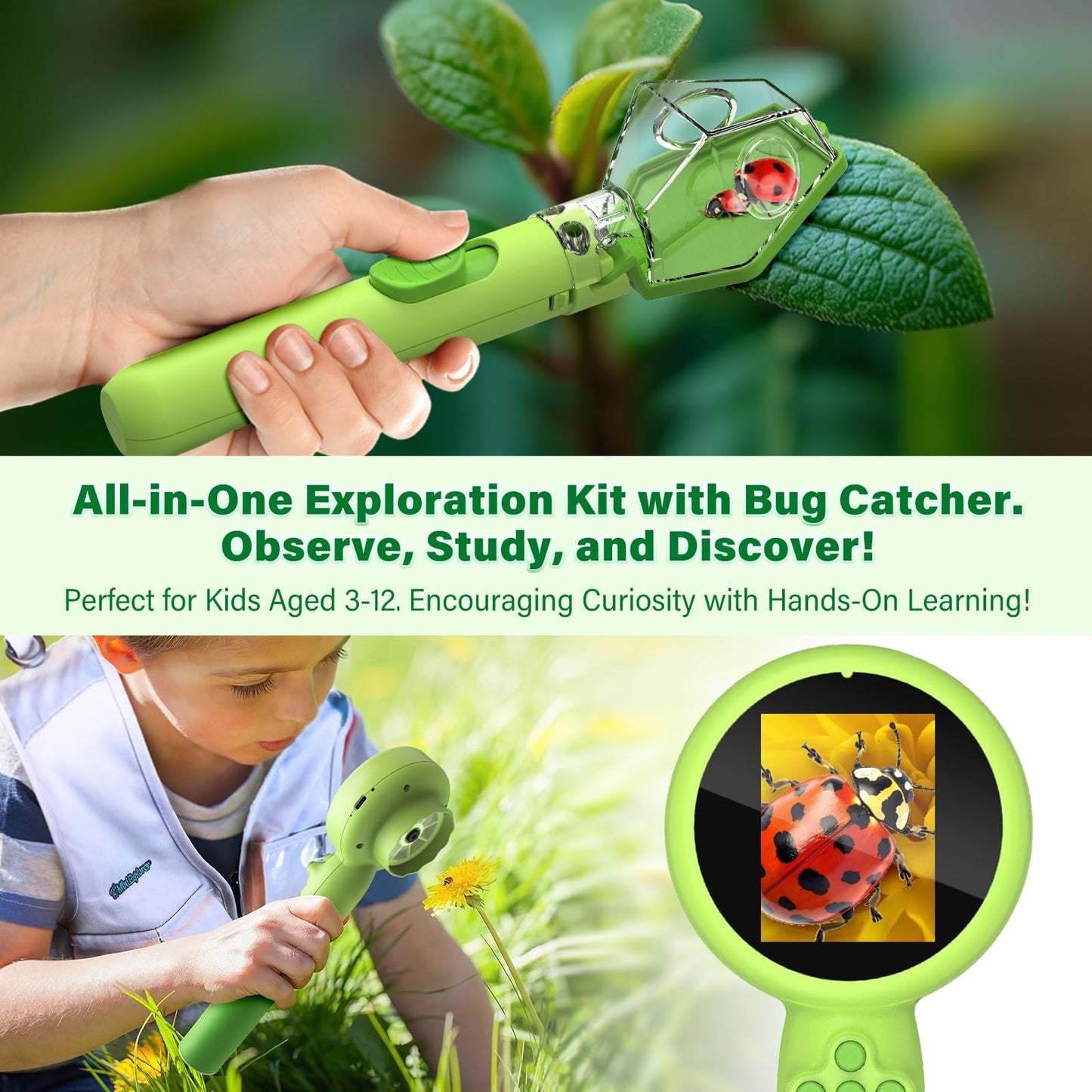 LEUOA Kids Microscope — 2-in-1 Bug Catcher, 1080P HD, USB-C Rechargeable STEM Kit