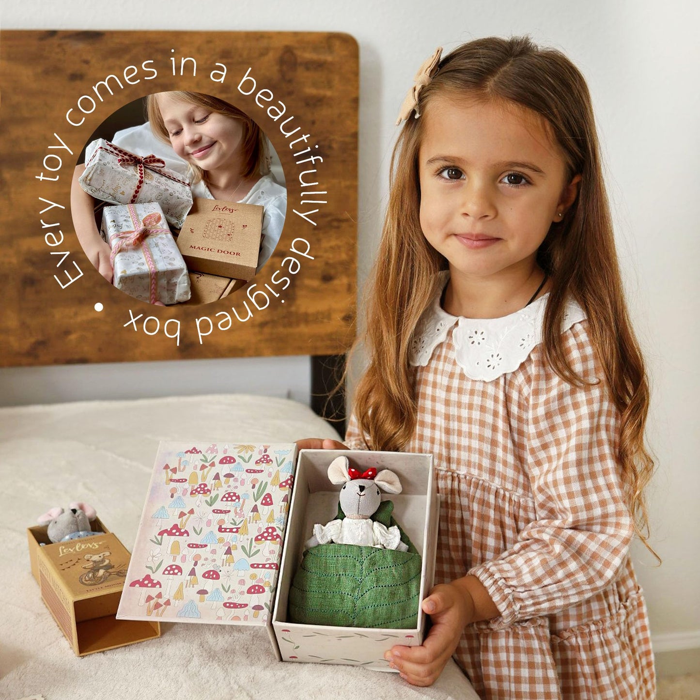 LEVLOVS Mouse in a Box: Soft Linen Cotton Toy for Imaginative Play and Nursery Decor