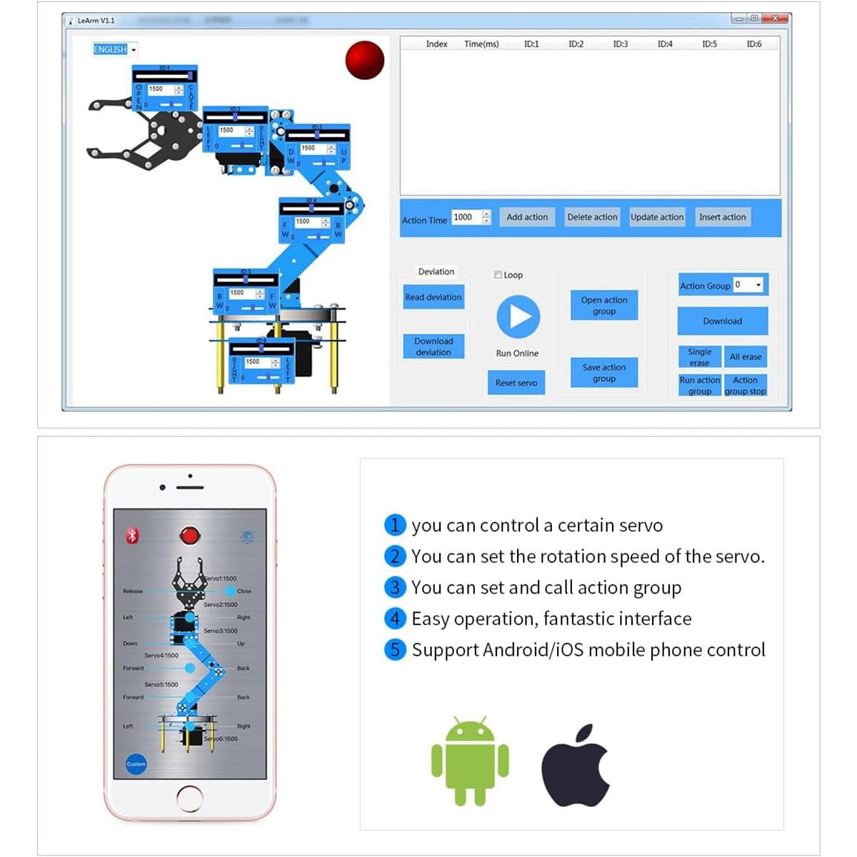 LewanSoul LeArm 6DOF Robotic Arm Kit - PC App Control, 5 Servos, Tutorial