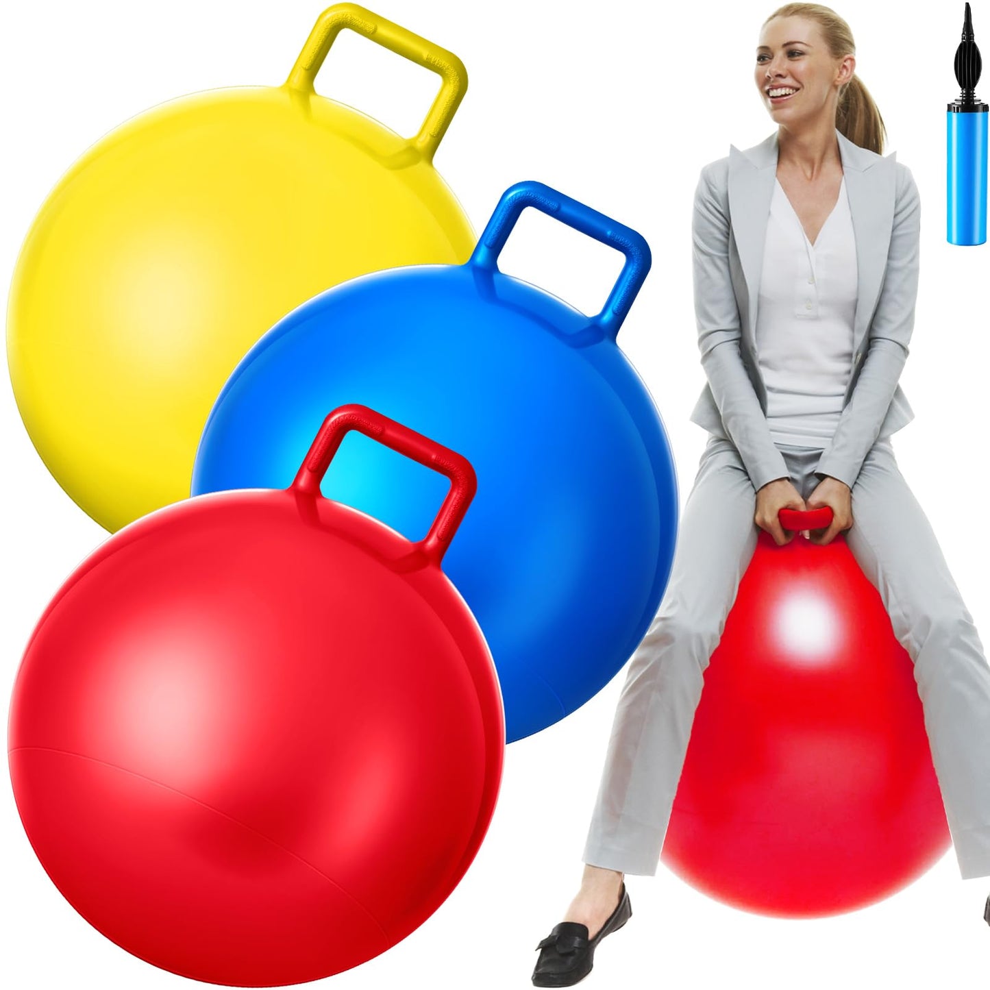 Lewtemi 3 Pcs 18 Inch Bouncing Ball with Handle – Outdoor Hopper Balls Set (Red, Blue, Yellow)