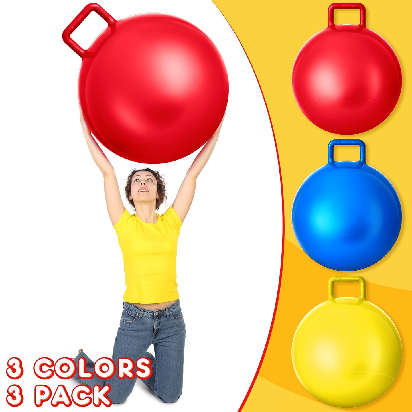 Lewtemi 3 Pcs 18 Inch Bouncing Ball with Handle – Outdoor Hopper Balls Set (Red, Blue, Yellow)