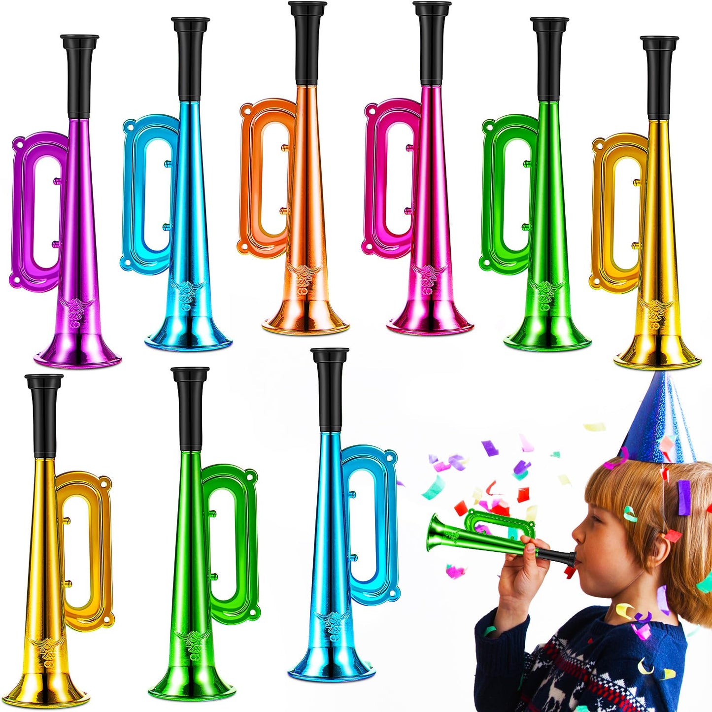 Lewtemi 24-Pack 7-Inch Metallic Trumpet Toys – Lightweight Kids Noisemakers for Parties