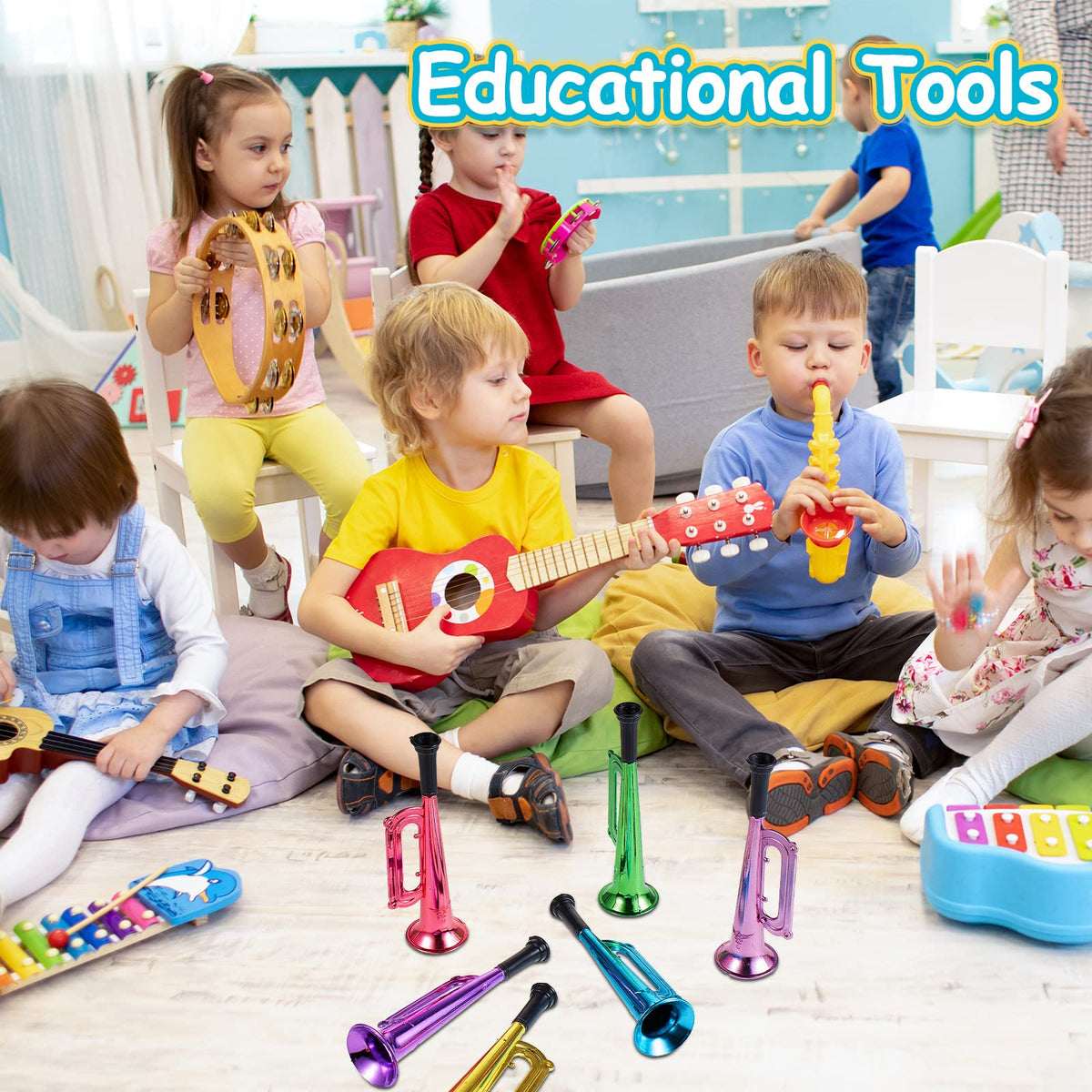 Lewtemi 24-Pack 7-Inch Metallic Trumpet Toys – Lightweight Kids Noisemakers for Parties