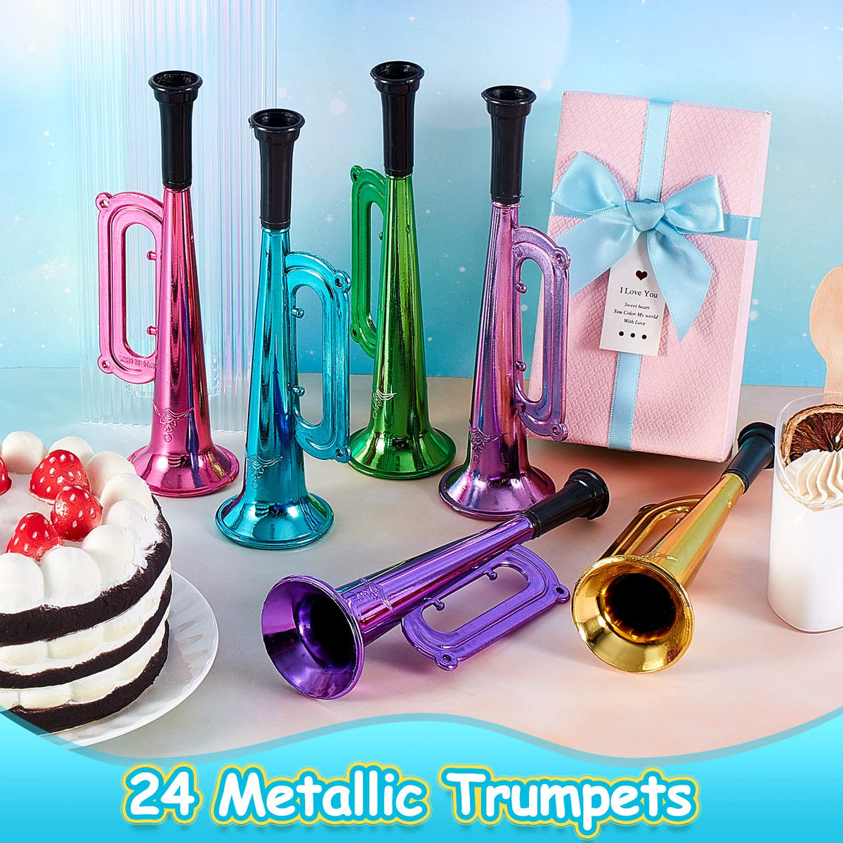 Lewtemi 24-Pack 7-Inch Metallic Trumpet Toys – Lightweight Kids Noisemakers for Parties