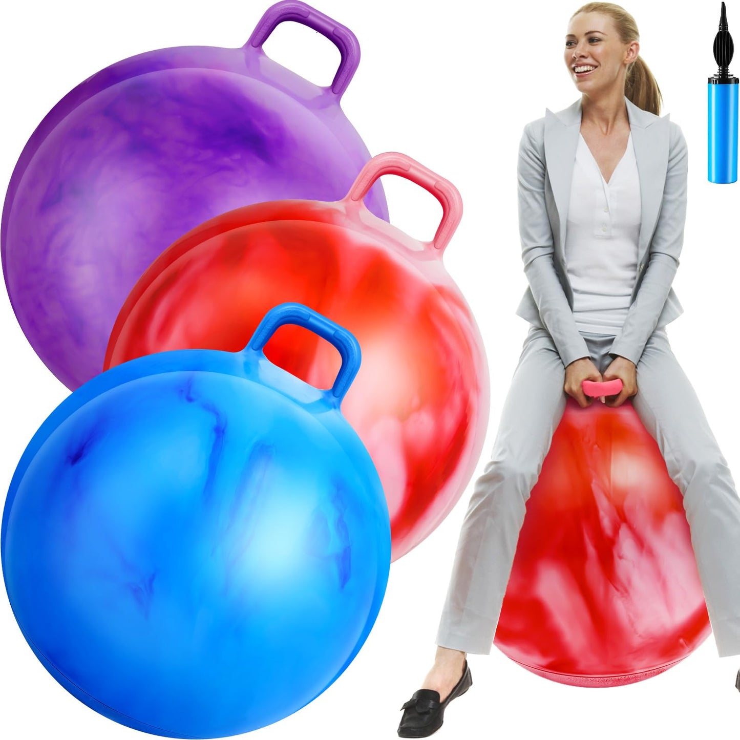 Lewtemi 3 Pcs 29-Inch Bouncing Ball with Handle – Outdoor Jumping Ball Set Gradient Red Blue Purple