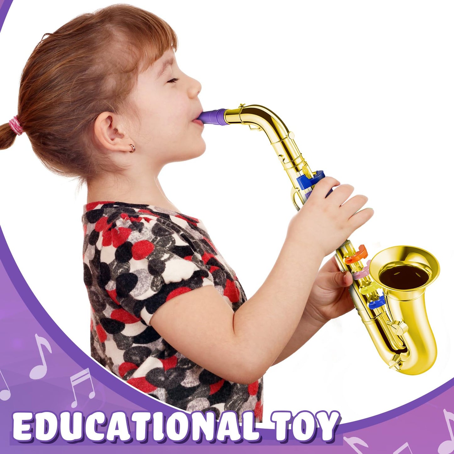 Lewtemi Set of 2 Musical Instruments – Toy Saxophone & Toy Trumpet, Educational Plastic Toys, Gold with Color Keys