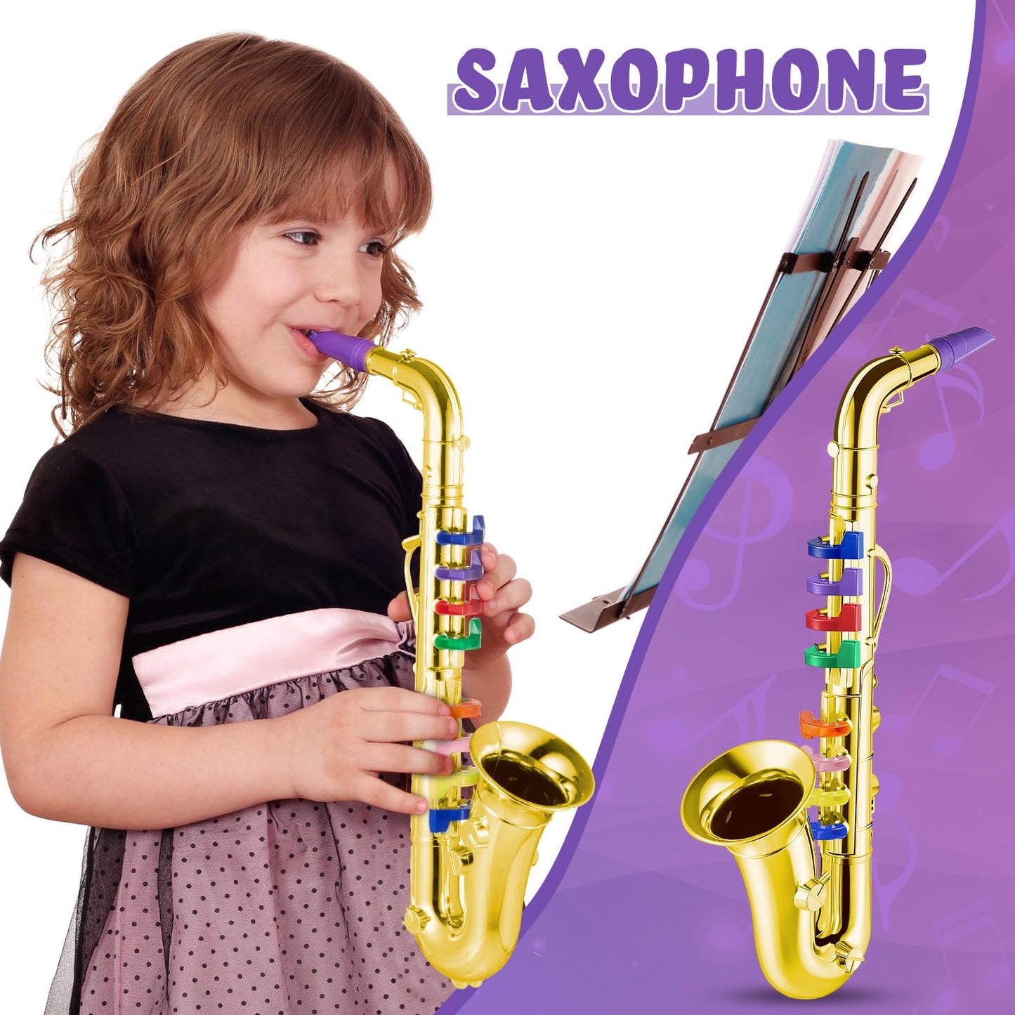 Lewtemi Set of 2 Musical Instruments – Toy Saxophone & Toy Trumpet, Educational Plastic Toys, Gold with Color Keys
