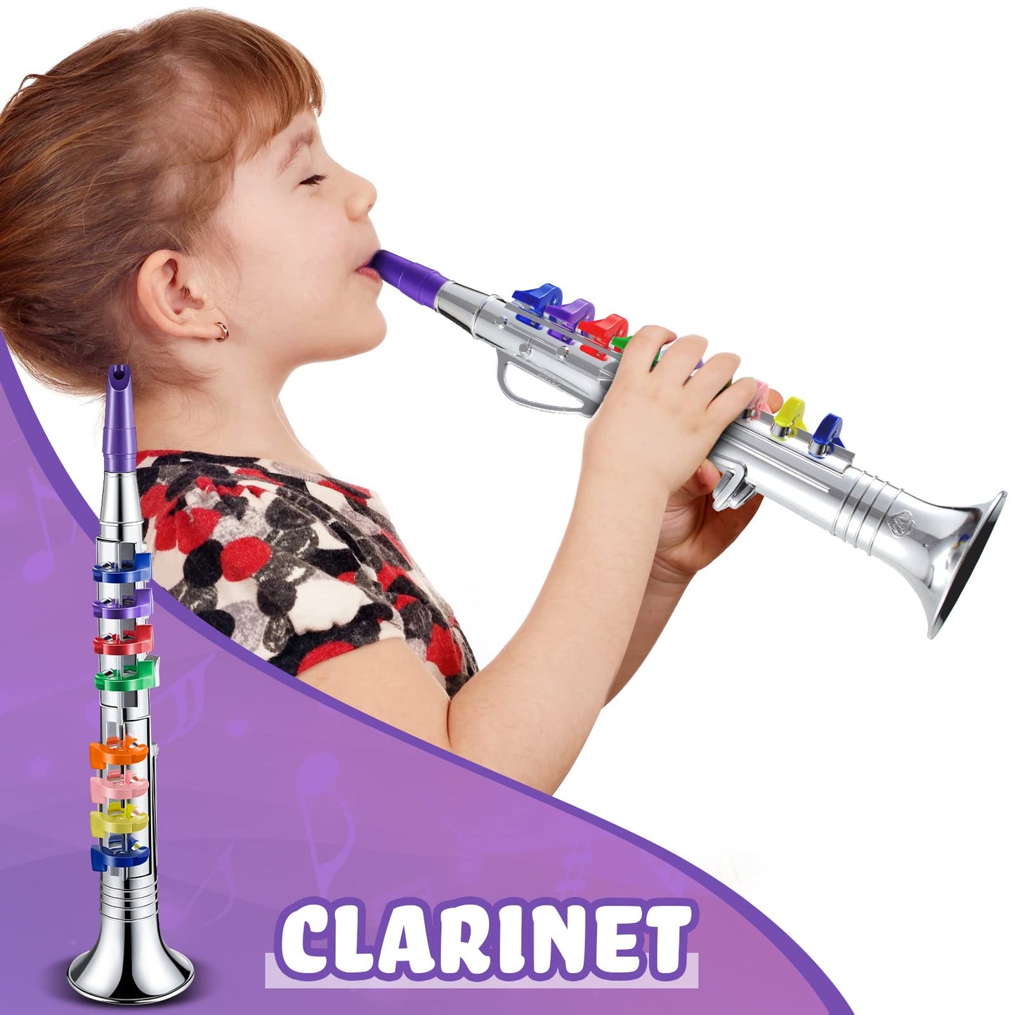 Lewtemi Set of 3 Kids Musical Instruments — Saxophone, Clarinet & Trumpet with Color-Coded Keys (Silver)