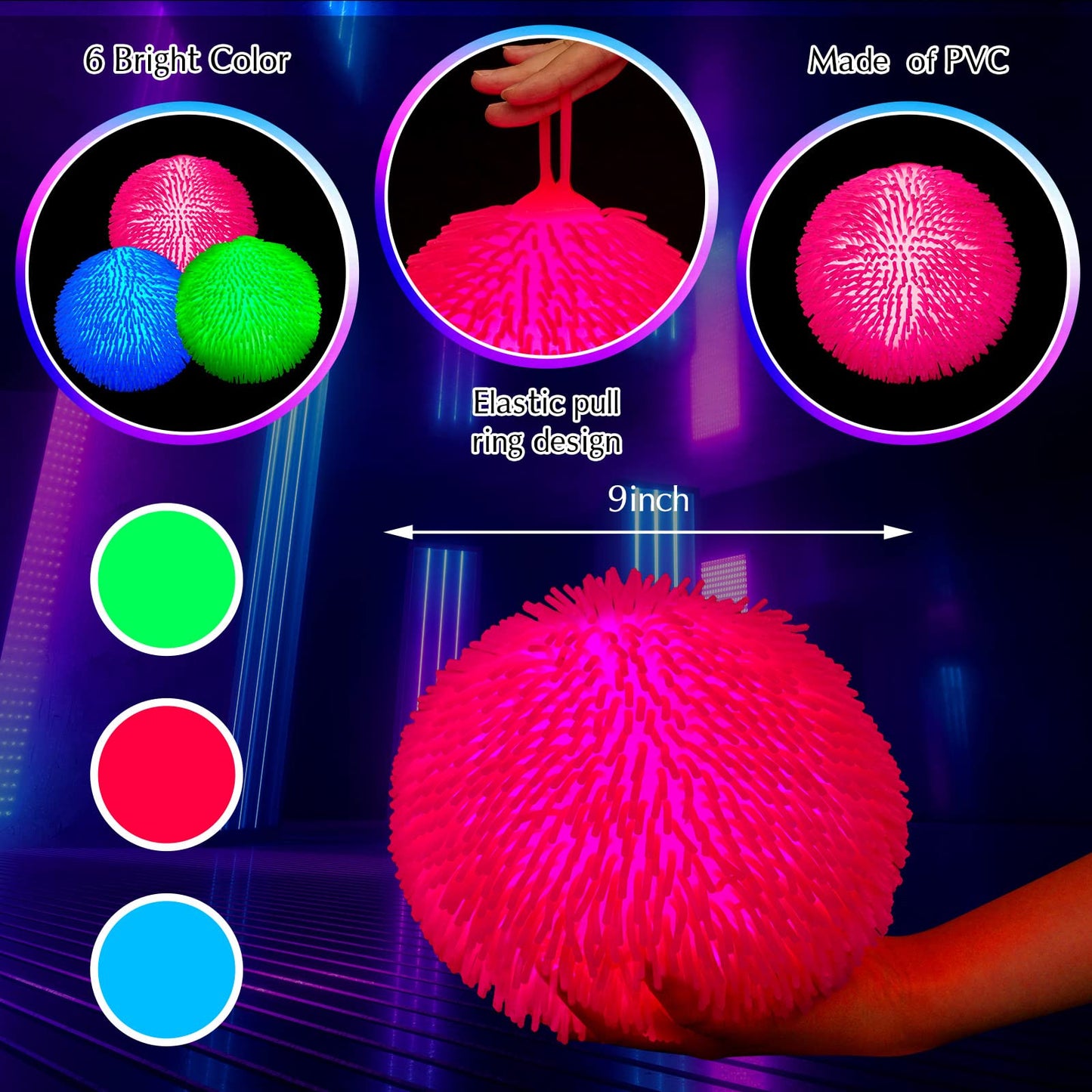 Lewtemi 3-Pack Glow-in-the-Dark 9-Inch Puffer Balls — Large Colorful Stress Toys & Party Favors