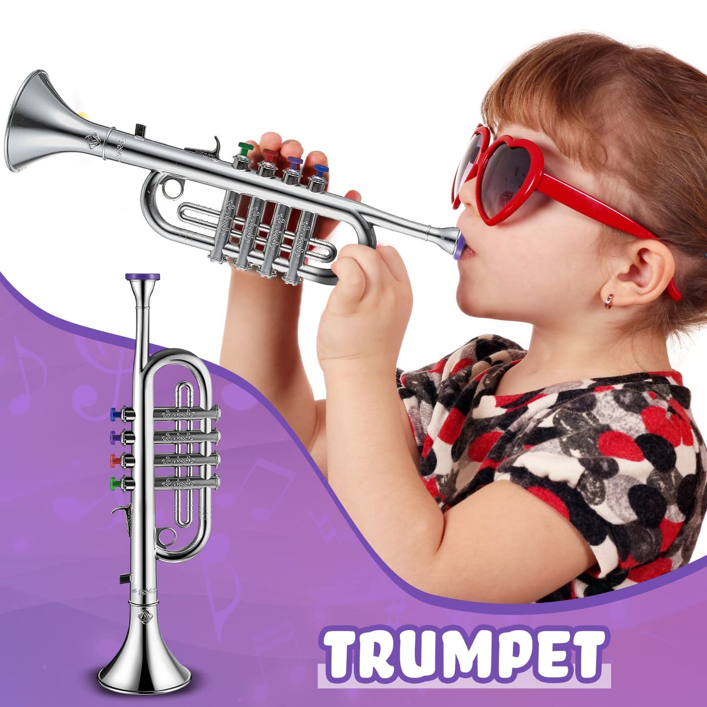 Lewtemi Set of 3 Kids Musical Instruments — Saxophone, Clarinet & Trumpet with Color-Coded Keys (Silver)