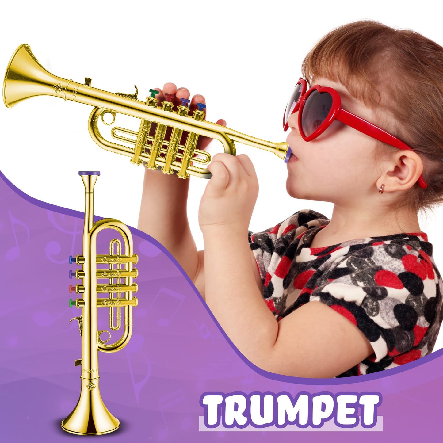 Lewtemi Set of 2 Musical Instruments – Toy Saxophone & Toy Trumpet, Educational Plastic Toys, Gold with Color Keys