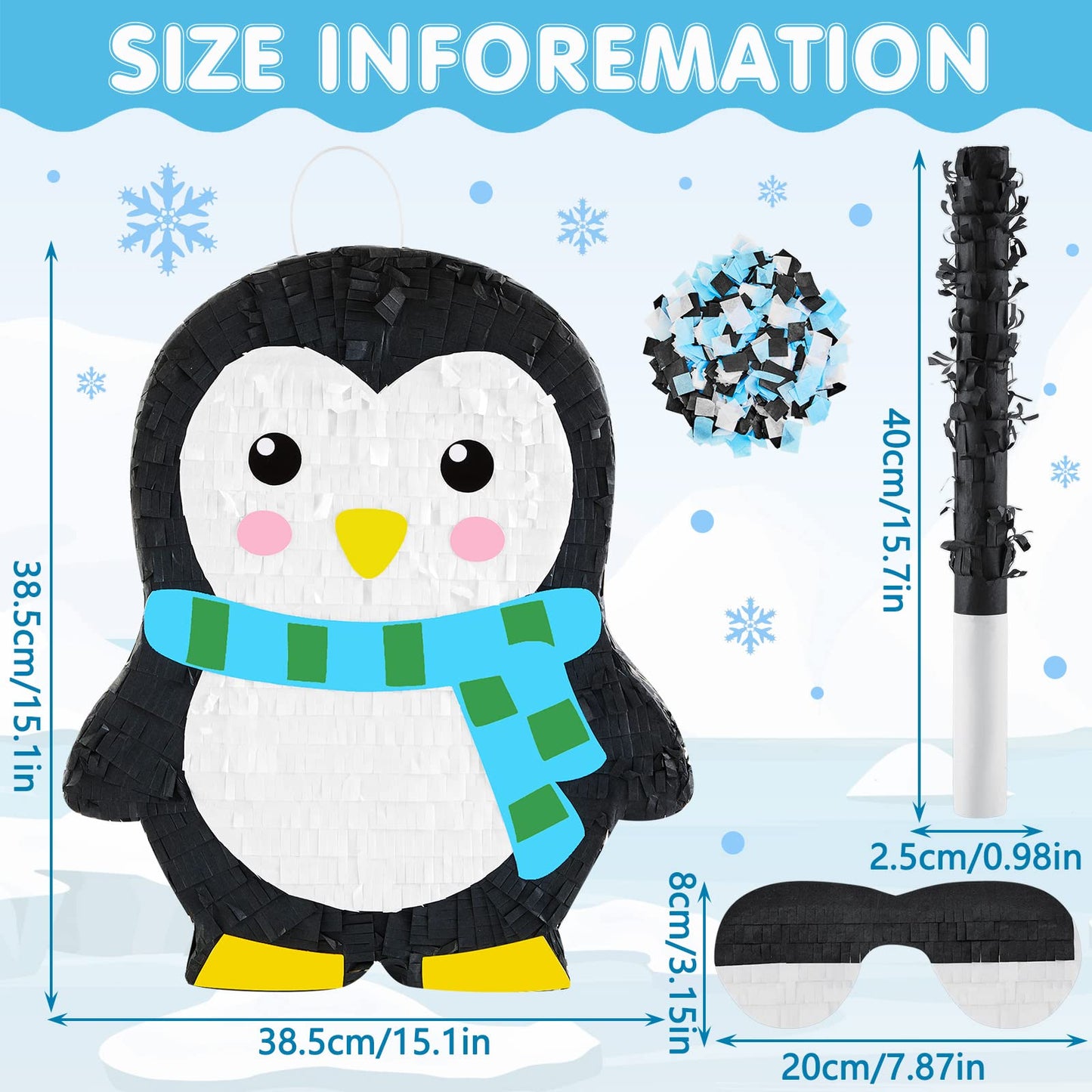 Lewtemi 15.75 Inch Penguin Pinata – Winter Wonderland Party Decor with Bat, Blindfold & Confetti