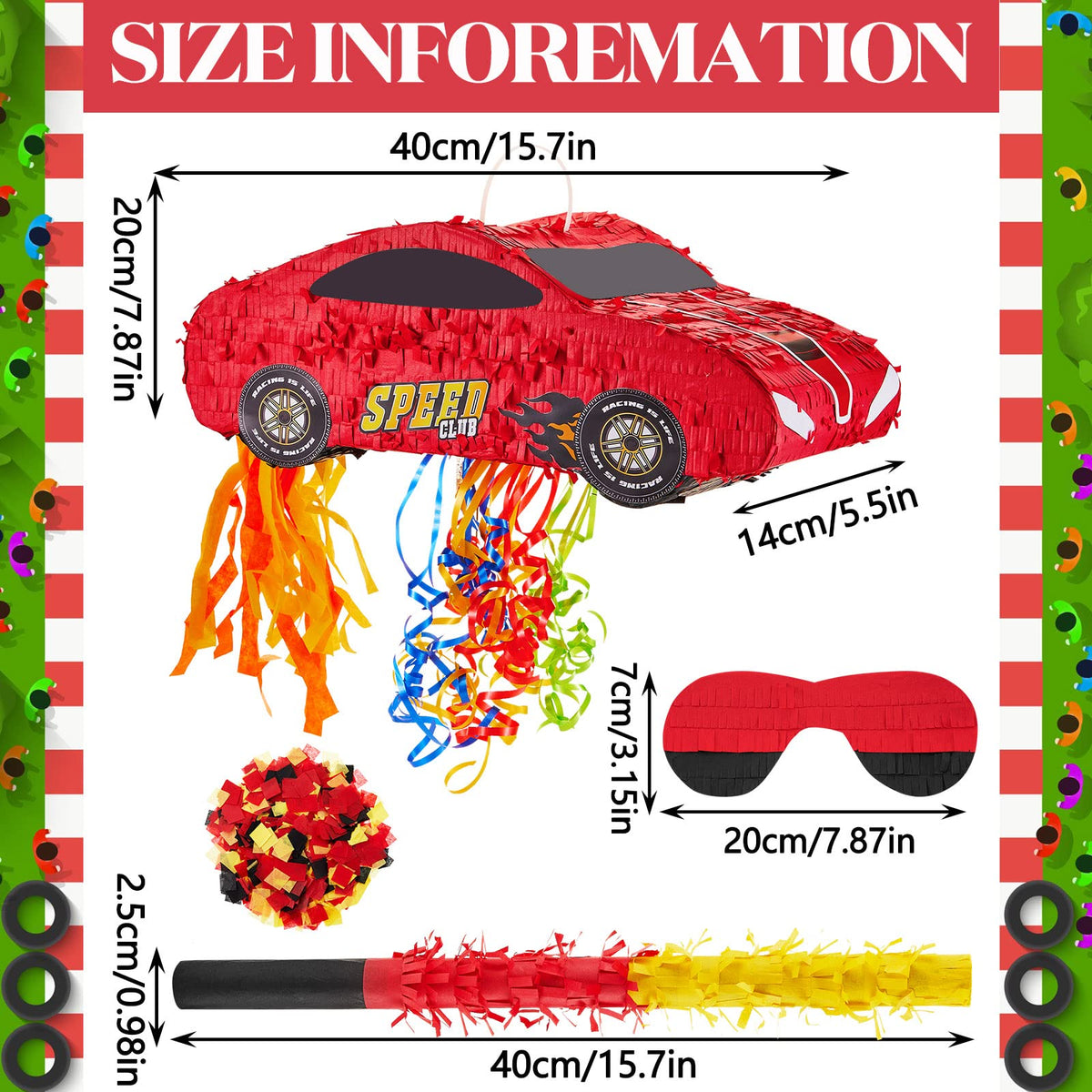 Lewtemi 4-Piece Race Car Pinata Set – 15.7-Inch with Blindfold, Bat & Confetti