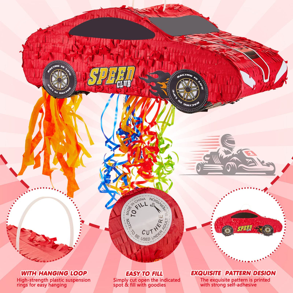 Lewtemi 4-Piece Race Car Pinata Set – 15.7-Inch with Blindfold, Bat & Confetti