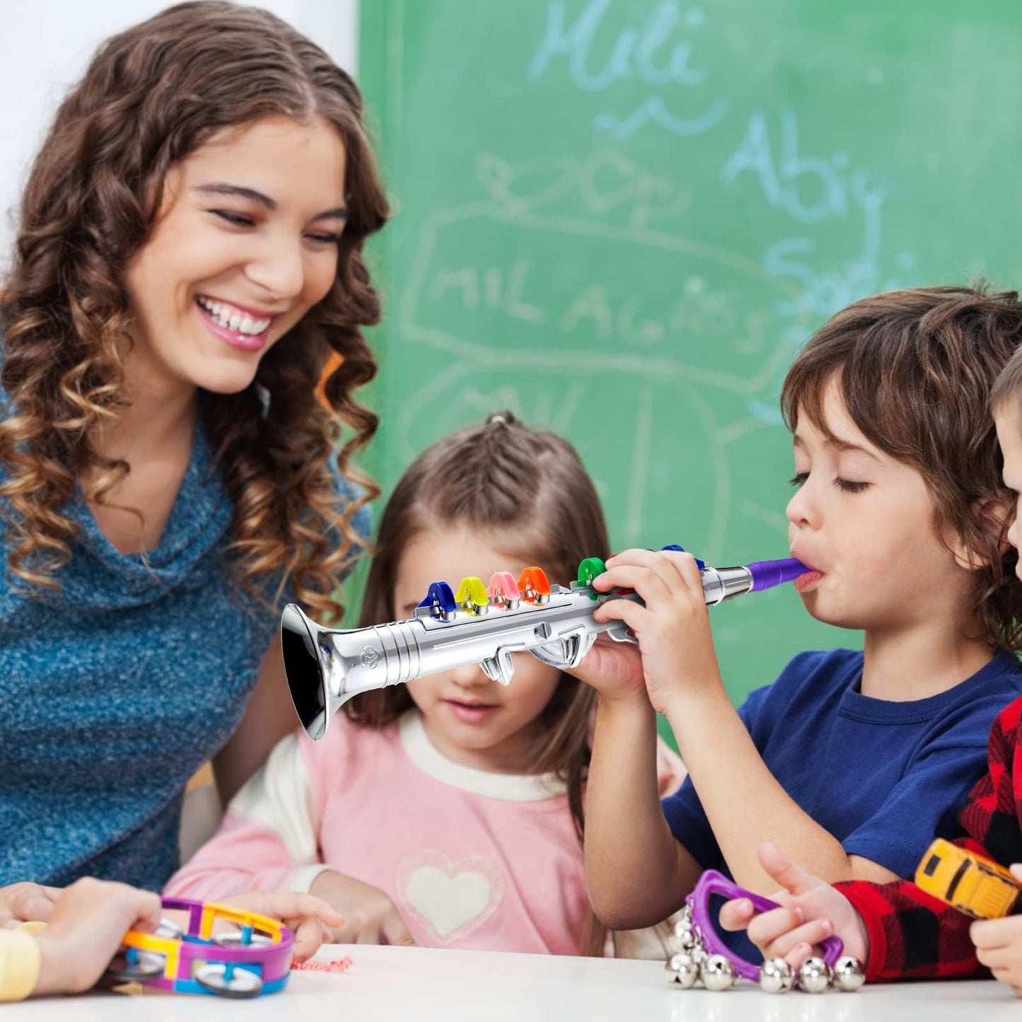 Lewtemi Set of 3 Kids Musical Instruments — Saxophone, Clarinet & Trumpet with Color-Coded Keys (Silver)