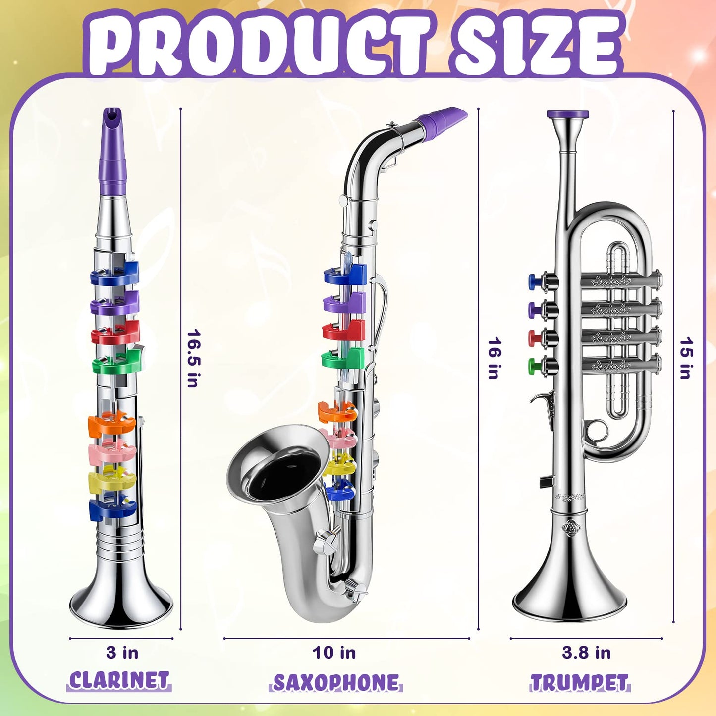 Lewtemi Set of 3 Kids Musical Instruments — Saxophone, Clarinet & Trumpet with Color-Coded Keys (Silver)